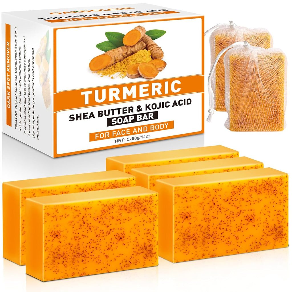 5 Pack Turmeric Kojic Acid Soap Bars(80G) - Infused with Retinol, Hydrolyzed Collagen, Vitamin E & Shea Butter, Gentle Care for Face, Body & Underarms, SLS Free, Suitable for Oily & Dry Skin