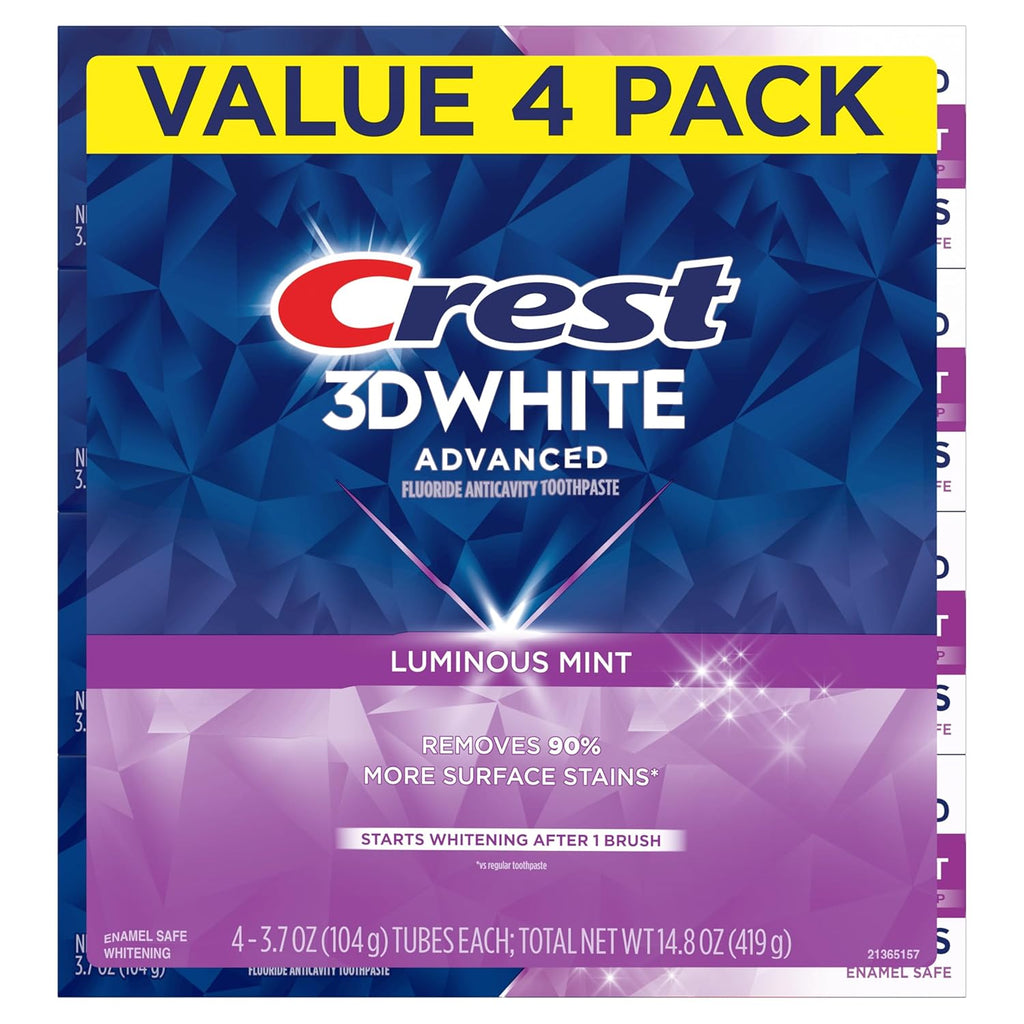 3D White Advanced, Teeth Whitening Toothpaste for Adults, 3.7 Oz, 4 Pack, Cavity Protection Fluoride Toothpaste, Strengthens Enamel, Travel Size Toiletries