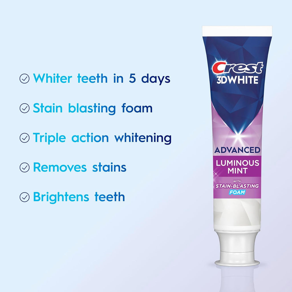 3D White Advanced, Teeth Whitening Toothpaste for Adults, 3.7 Oz, 4 Pack, Cavity Protection Fluoride Toothpaste, Strengthens Enamel, Travel Size Toiletries