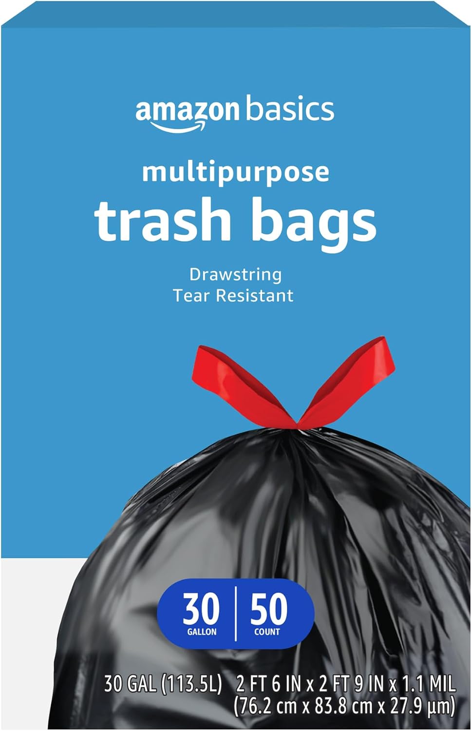 Multipurpose Drawstring Trash Bags, 30 Gallon Capacity, Tear Resistant, 50 Count (Previously Solimo)