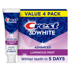 3D White Advanced, Teeth Whitening Toothpaste for Adults, 3.7 Oz, 4 Pack, Cavity Protection Fluoride Toothpaste, Strengthens Enamel, Travel Size Toiletries