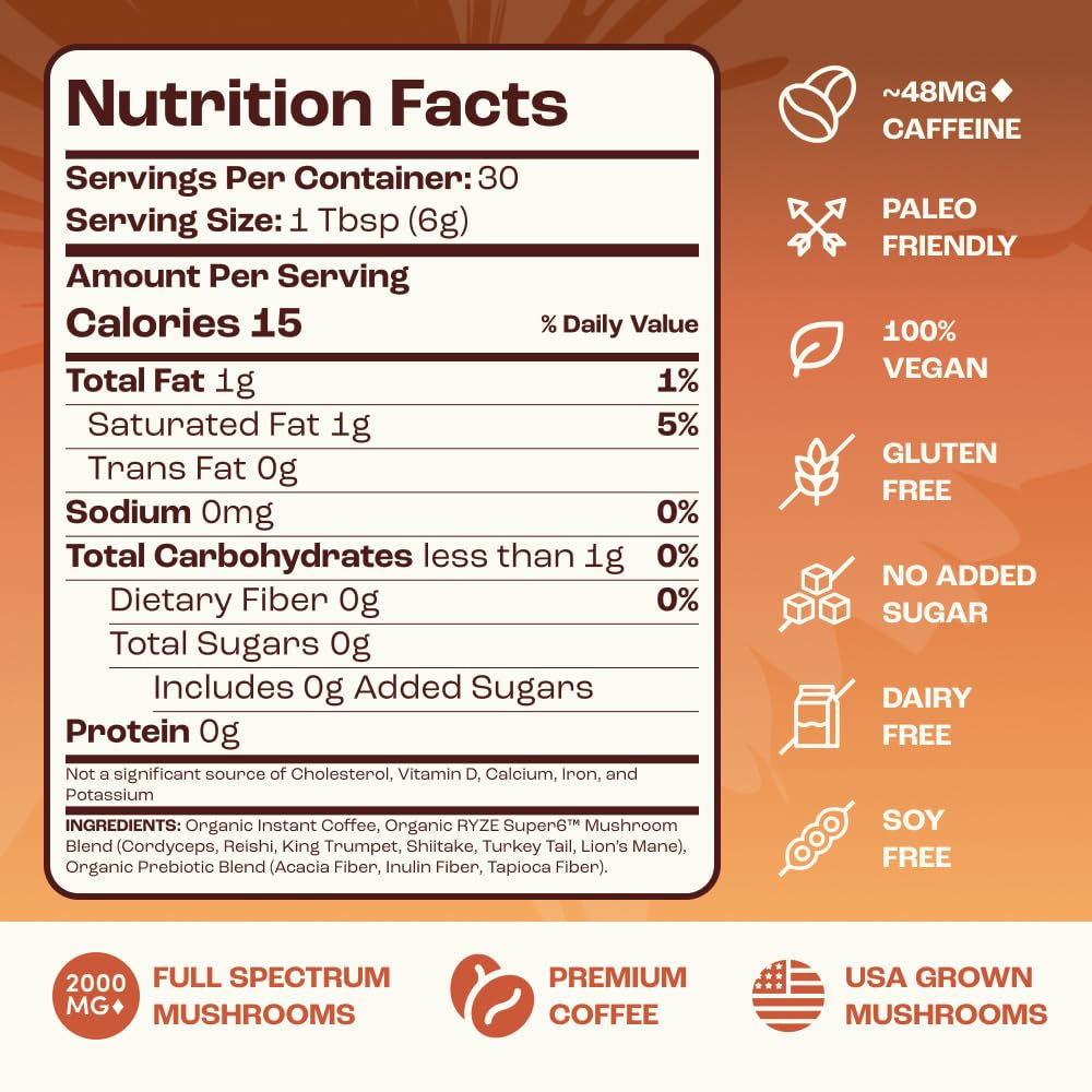 Mushroom Medium Roast Coffee USDA Organic with 6 Adaptogenic Mushrooms, USA Grown Instant Coffee for Better Energy, Focus Digestion Immunity with Lions Mane & Turkey Tail 30 Servings