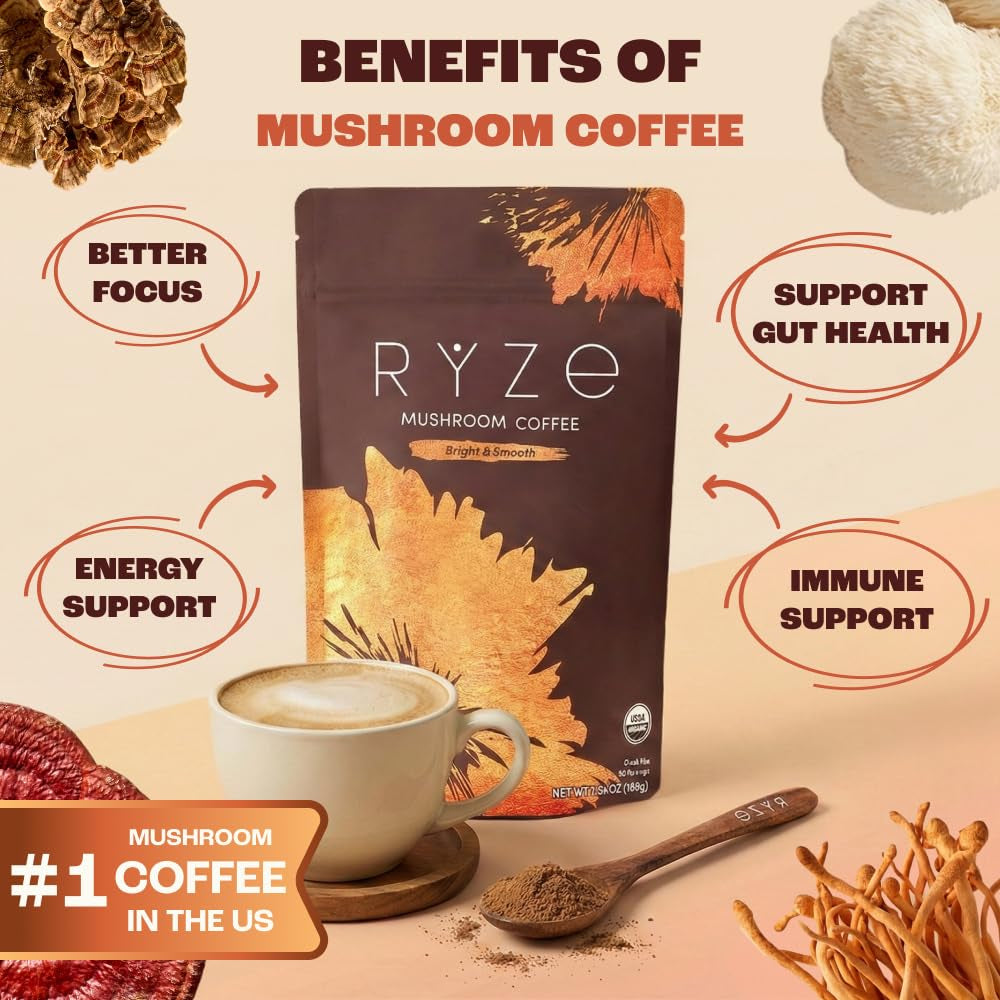 Mushroom Medium Roast Coffee USDA Organic with 6 Adaptogenic Mushrooms, USA Grown Instant Coffee for Better Energy, Focus Digestion Immunity with Lions Mane & Turkey Tail 30 Servings