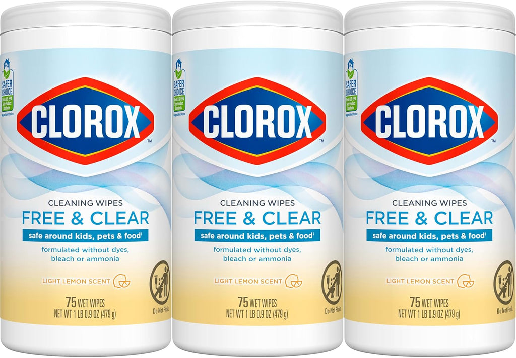 Free & Clear Cleaning Wipes, Light Lemon Scent, 75 Count, Pack of 3 (Pack May Vary)