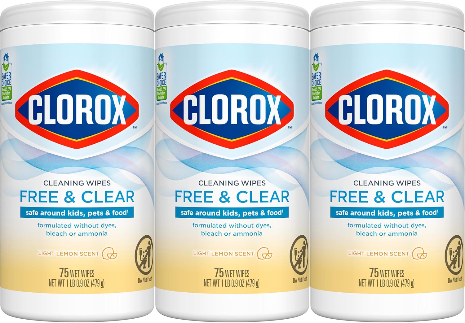 Free & Clear Cleaning Wipes, Light Lemon Scent, 75 Count, Pack of 3 (Pack May Vary)