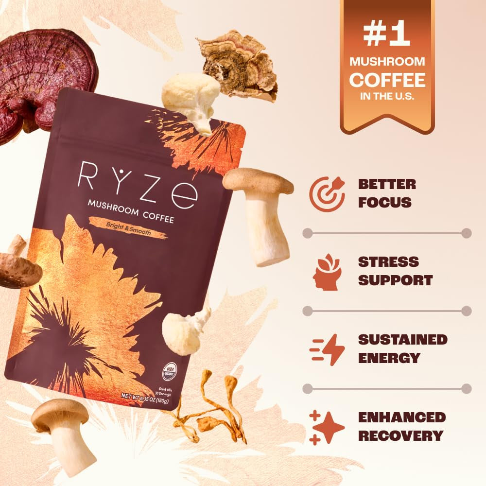 Mushroom Medium Roast Coffee USDA Organic with 6 Adaptogenic Mushrooms, USA Grown Instant Coffee for Better Energy, Focus Digestion Immunity with Lions Mane & Turkey Tail 30 Servings